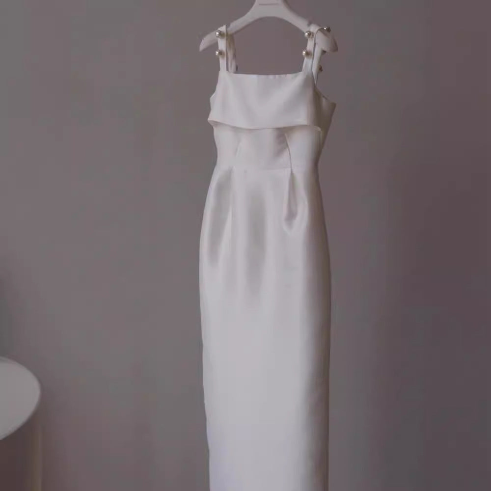 2025 retro suspender light wedding dress small satin engagement dress certificate registration dress daily wear