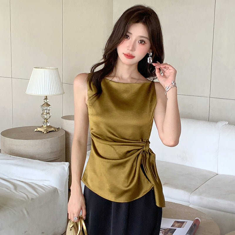 2025 summer temperament heavy industry jacquard woven three-dimensional strips satin texture kinked satin sleeveless vest top