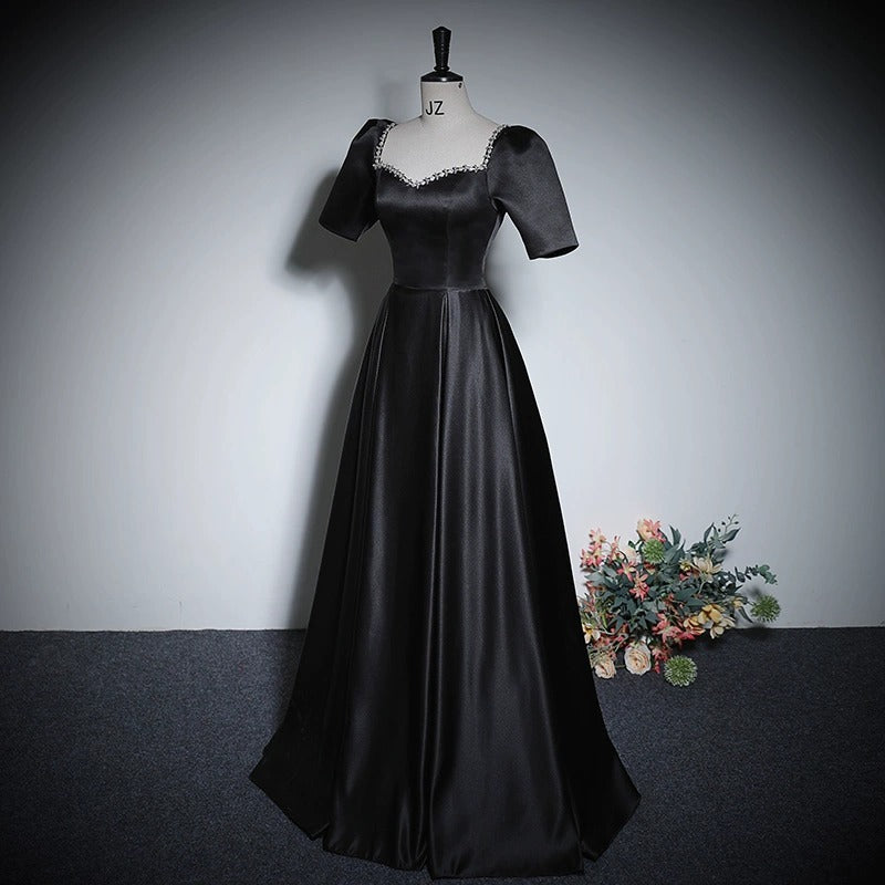 2025 Black conductor evening dress female banquet piano temperament socialite high sense bubble sleeves host stage chorus suit