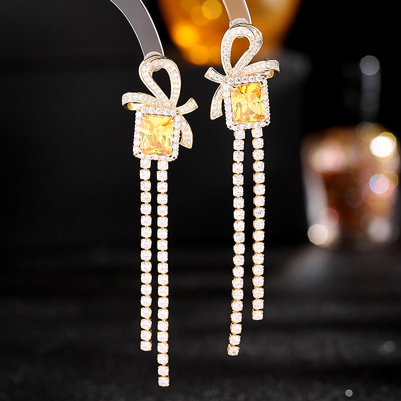 2025 Light luxury high-end earrings wholesale temperament thin earrings square super flash zircon bow long fringed earrings
