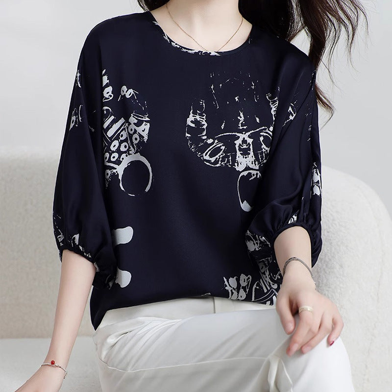 2025 High-end silk shirt, mulberry silk shirt, reverse button design sense, medium sleeve crew neck T-shirt, summer top, women's shirt