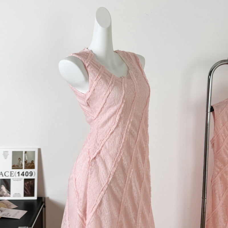 2025 Sakura fall spring and summer new light pink lace print multi-cut long dress women