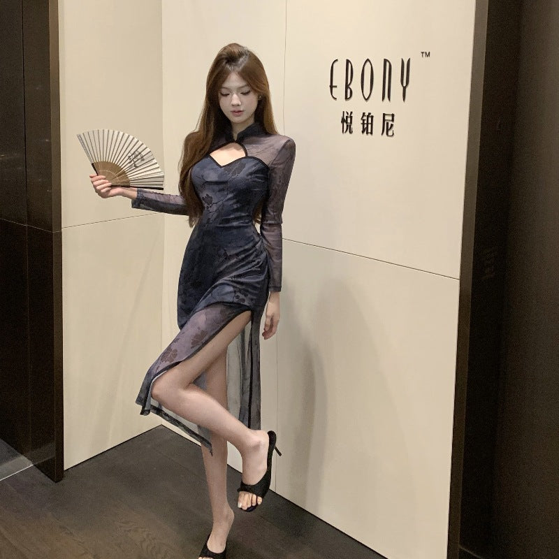 Mesh printing hollow celebrity women's clothing 2025 new classical dance clothes retro sexy split-ended improved cheongsam skirt