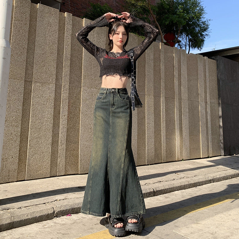 2025 Retro blue denim skirt women's spring popular new high waist and thin medium and long fishtail hip skirt