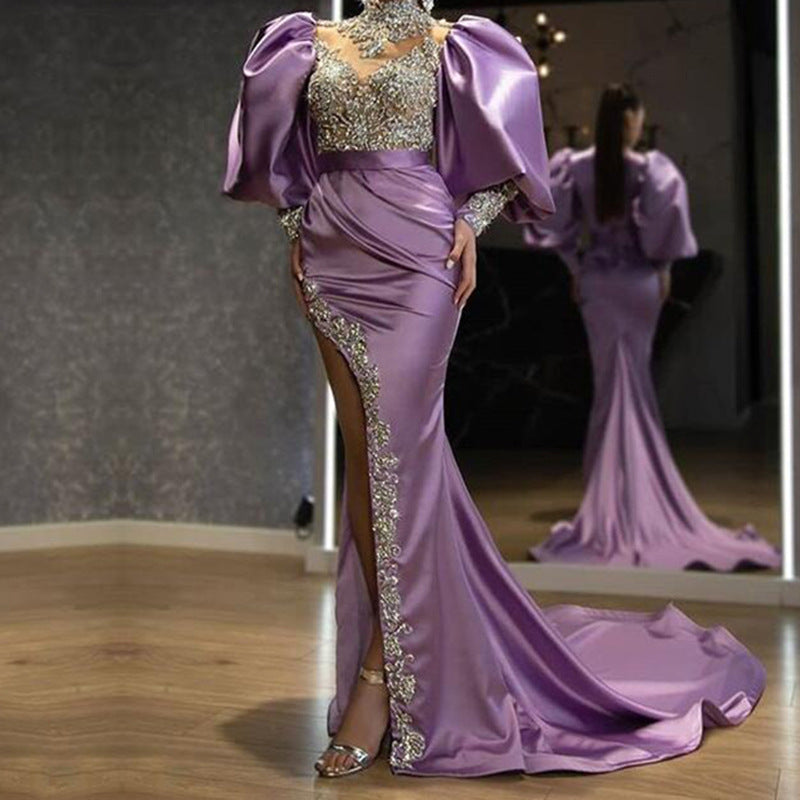 new New dress princess sleeve hip-wrapped long dress trailing tail sprinkling gold temperament evening dress