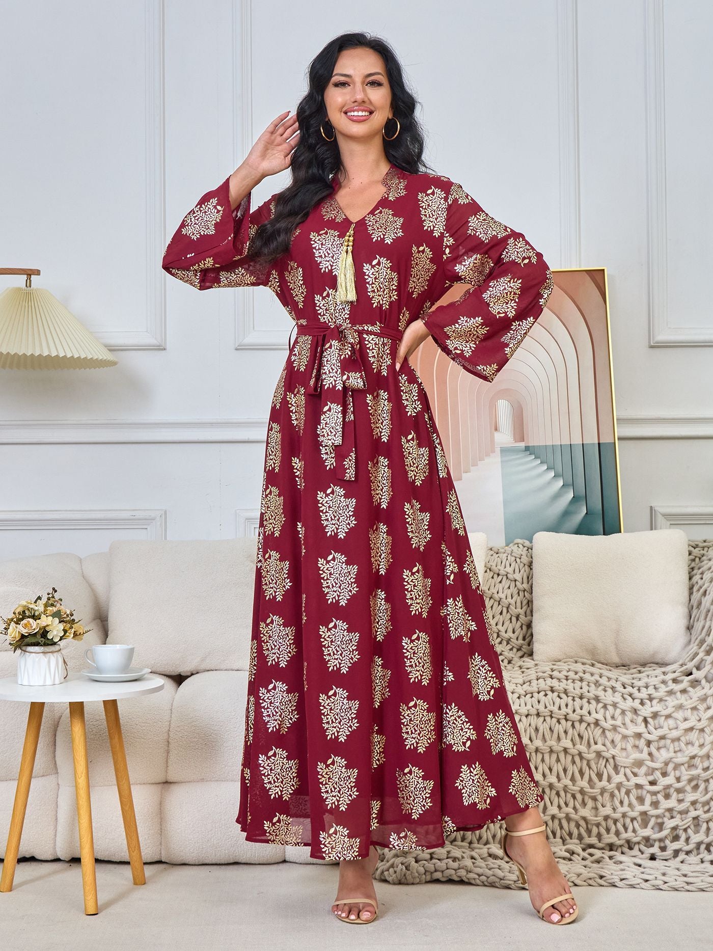 MT186 Middle East modes Muslim abaya fashion bronzing V-neck fringed pendant robe Popular trade dress women