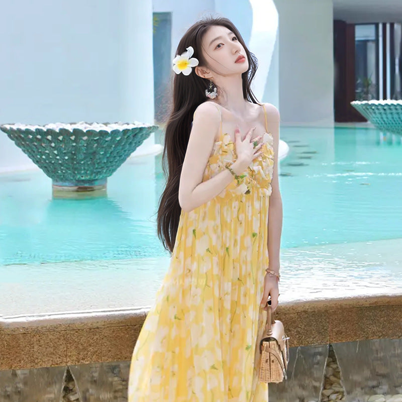 2025 summer new small fresh sexy long dress women's high-end slim and thin printed suspender skirt N3054