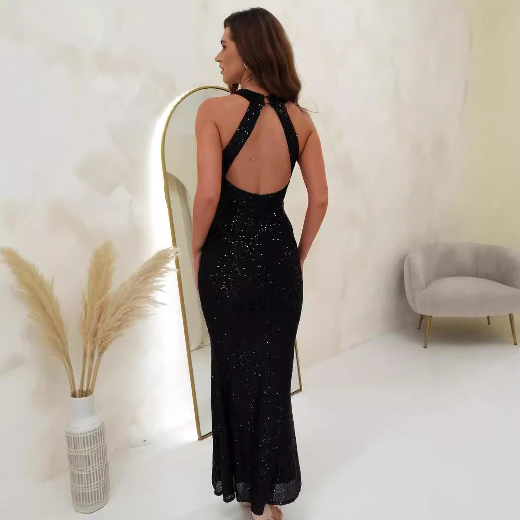 2025 New dress summer fashion sequins hanging neck sexy hip wrap elegant dress dress (5 colors)
