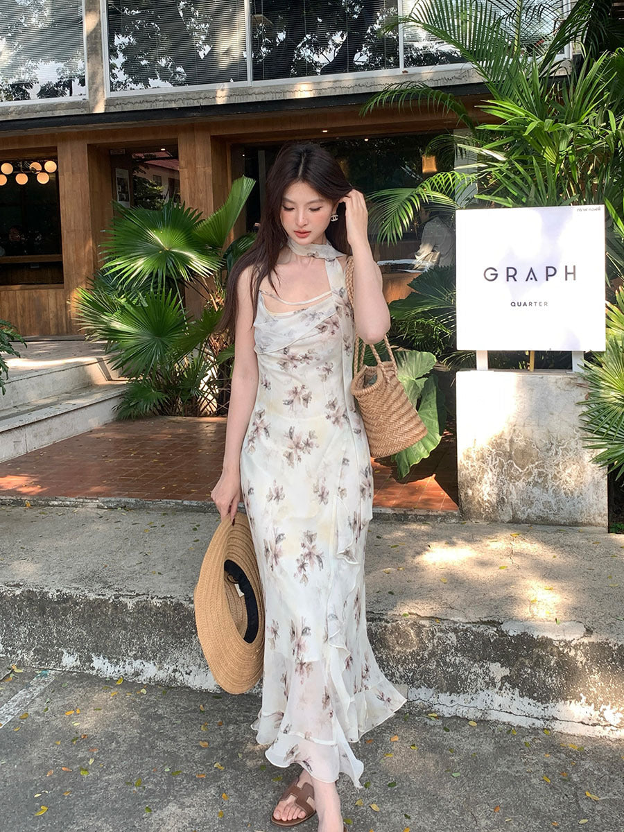 2025 Thirteen Lines Spring New Temperament Printing Pure Desire High Waist Suspender Dress Women 88207