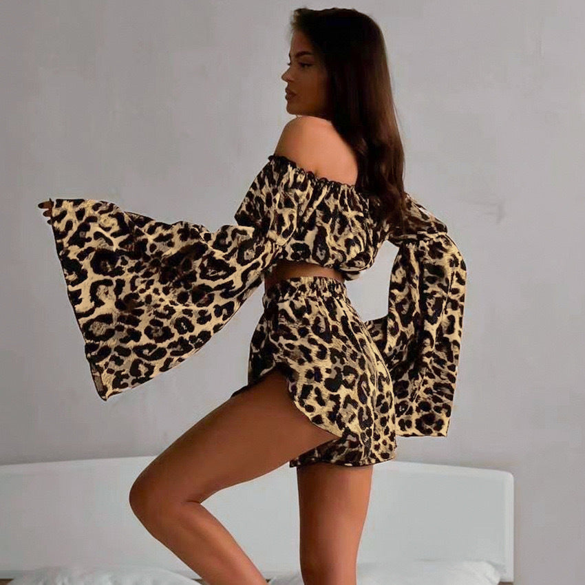 BENPAOLV 2025 Summer new women's clothing one-word shoulder horn long-sleeved leopard print short top and shorts two-piece set