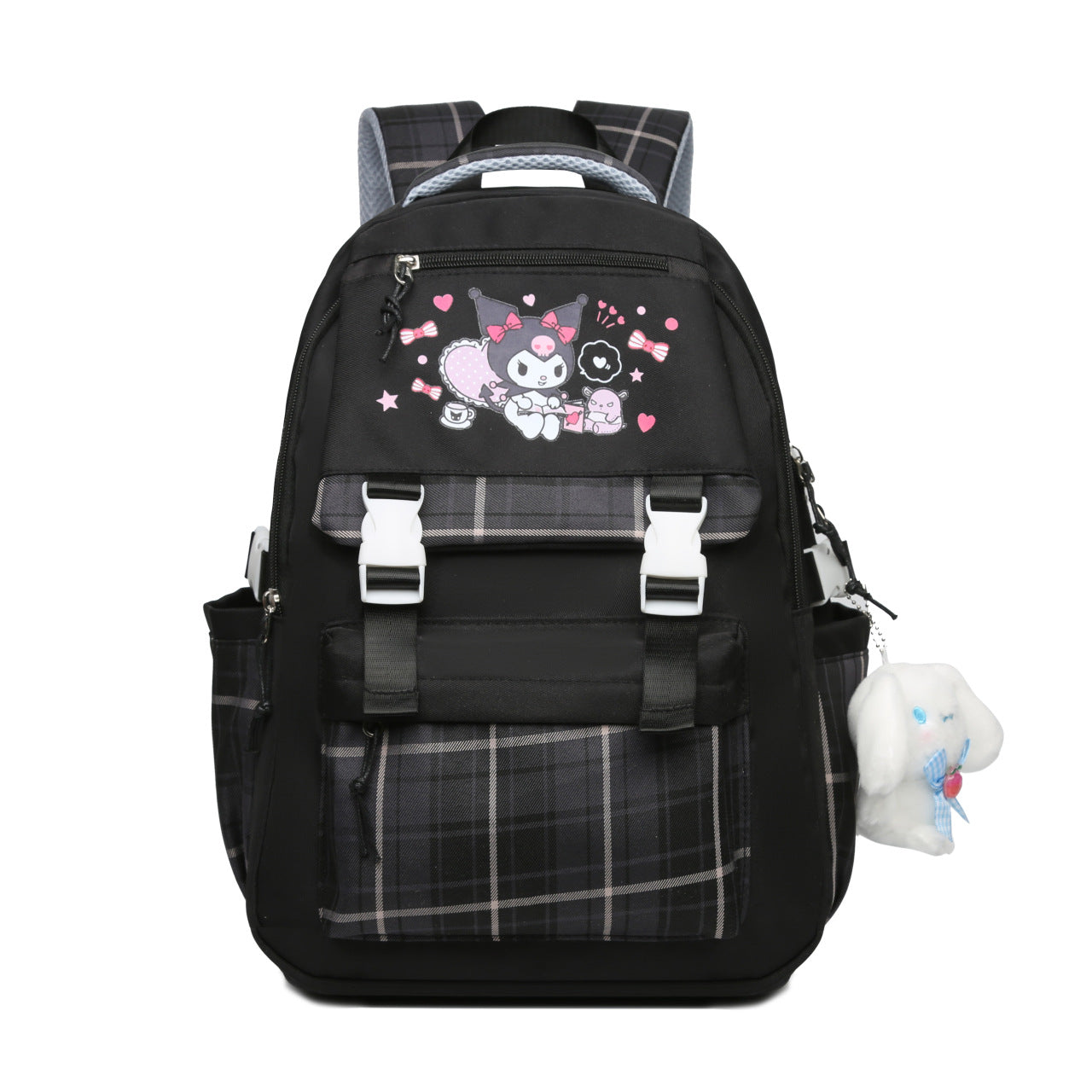Printed Sanrio Schoolbag Large-Capacity Backpack Plaid Color Matching Backpack Medium and Large Student Campus Backpack Primary School Students