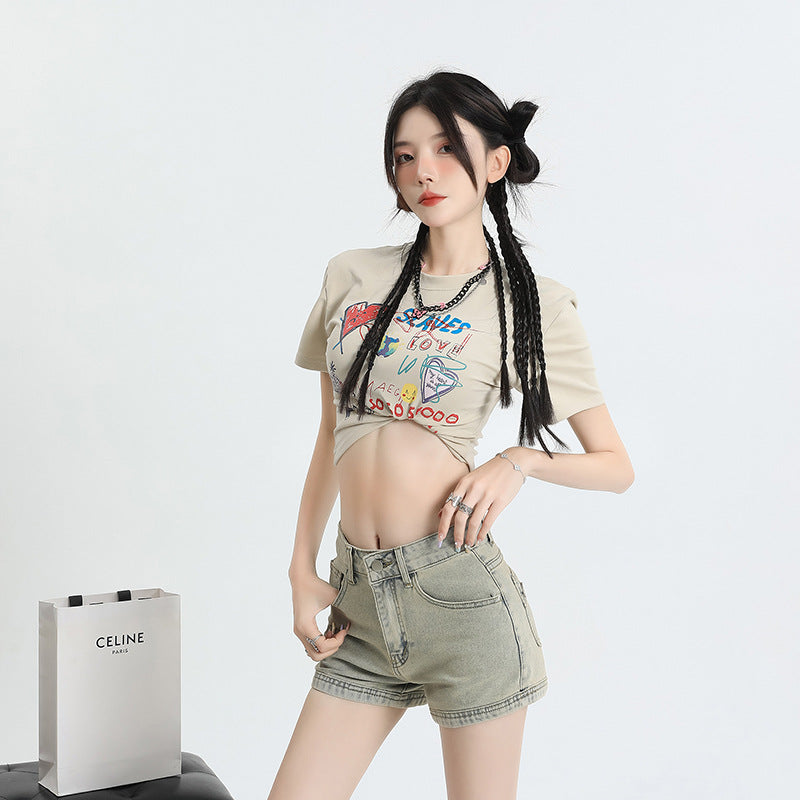 2025 Graphite yellow denim shorts women's summer popular new high waist elastic tight design Spice girl super short hot pants