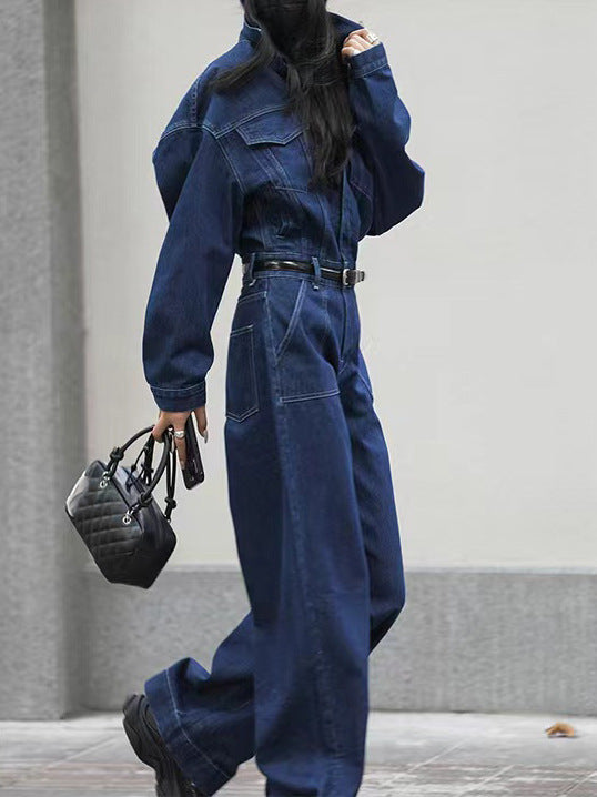 2025 Spot design sense fashionable one-piece denim high waist tooling jeans spring suit women's big pocket jumpsuit