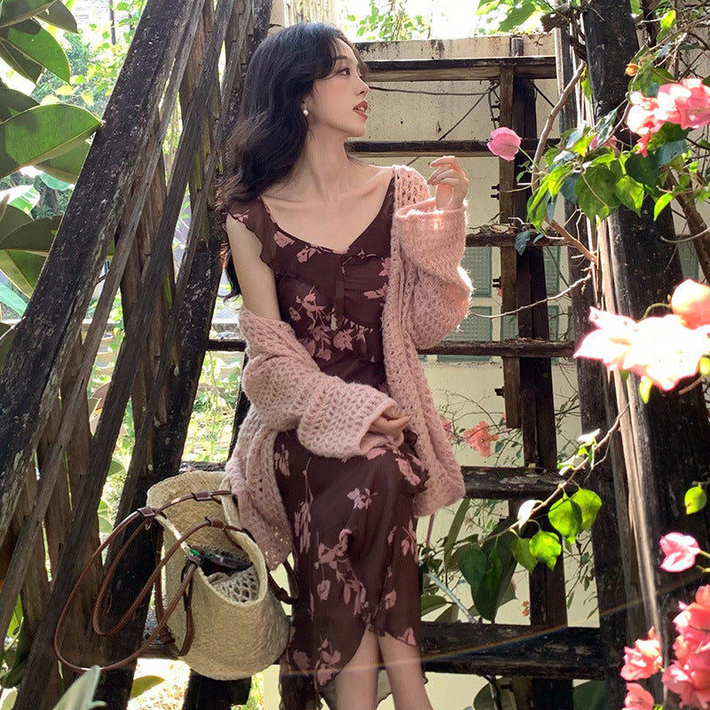 2025 spring new pure desire wind high waist suspender dress printed pure desire vacation skirt 88223