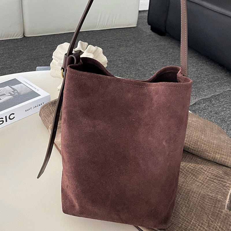 BENPAOLV 2025Frosted cowhide bucket bag women's commuting large capacity simple fashion single shoulder armpit large bag leather women's bag tide wholesale