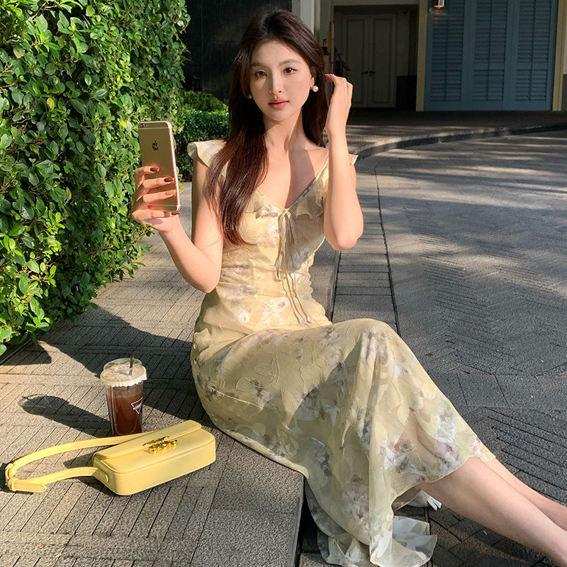 2025 Thirteen Lines Spring New Retro Temperament Printing Pure Desire High Waist Suspender Dress Women 88250