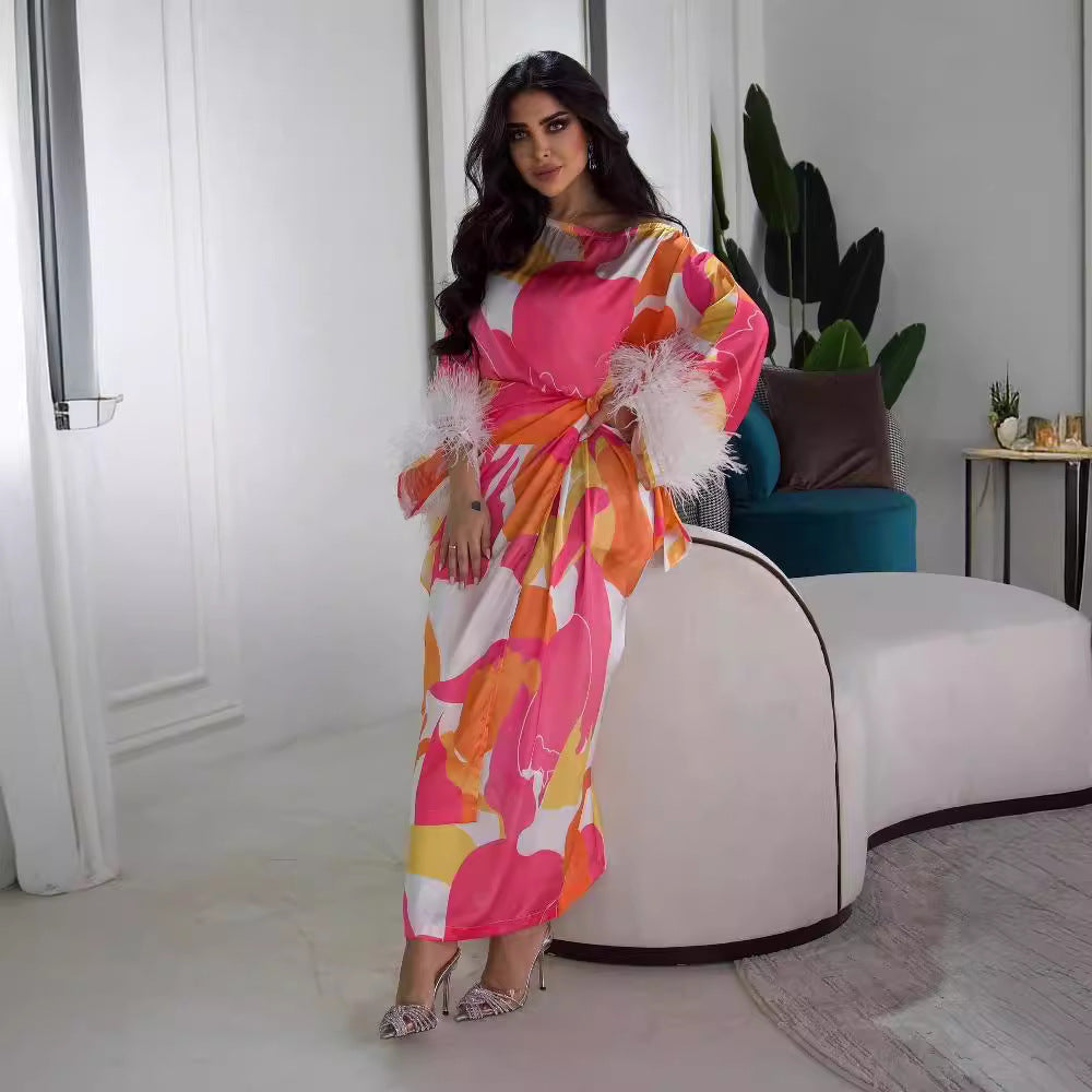 2025 popular spring and summer New Popular trade women's clothing independent station ebay sexy printing feather splicing ball evening dress
