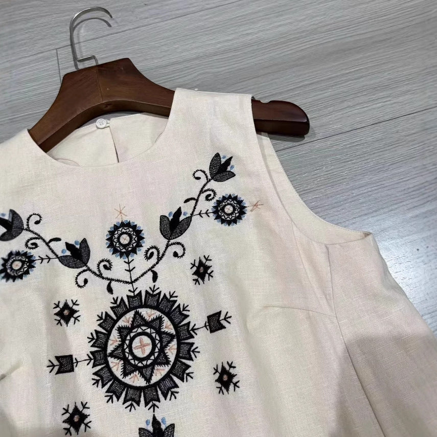 summer new linen embroidered sleeveless dress
