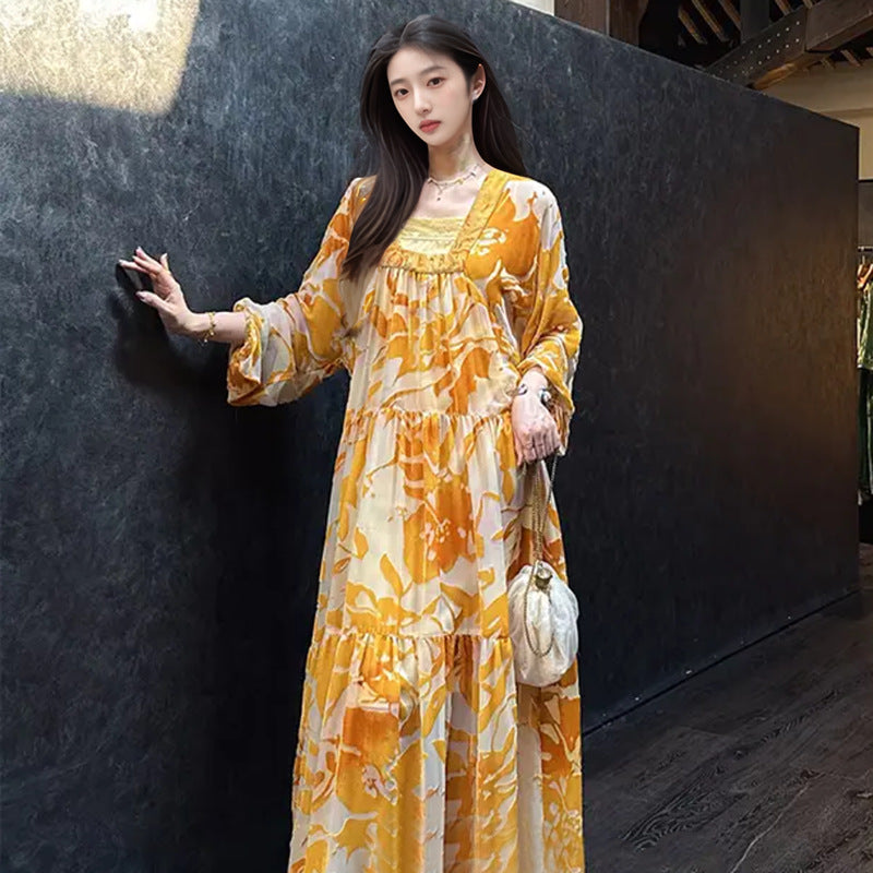 National Style New Chinese Fashion Lantern Sleeve Square Neck Long Dress Spring and Summer 2025 New Heavy Industry Burning Dress N3052