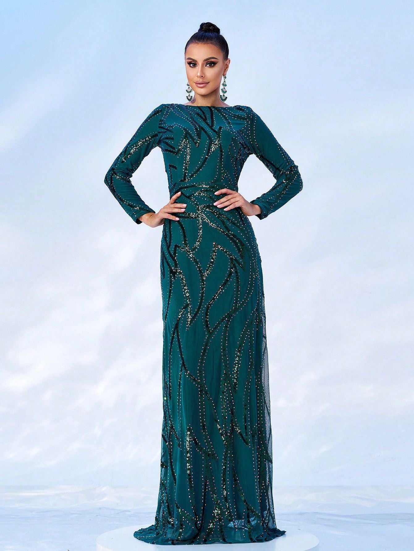 2025 high-end temperament long-sleeved crew neck sexy long sequined banquet evening dress bridesmaid dress women