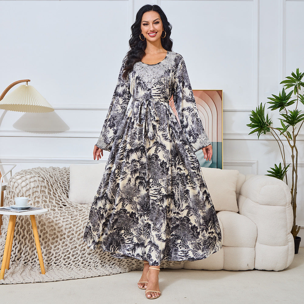 MT210 Fashion Loose Temperament Diamond-encrusted Dress Middle East Muslim New Hot Sale ins Robe Women's Large Size