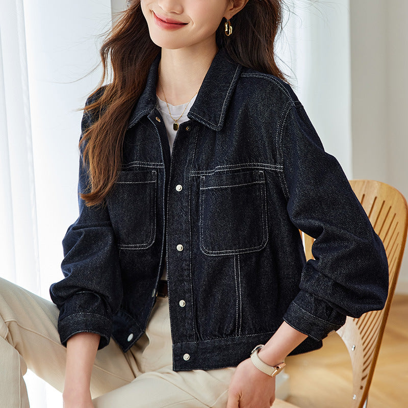 direct sales denim short jacket women's long sleeves spring and autumn clothing new small man stacked wear front shoulder lapel top
