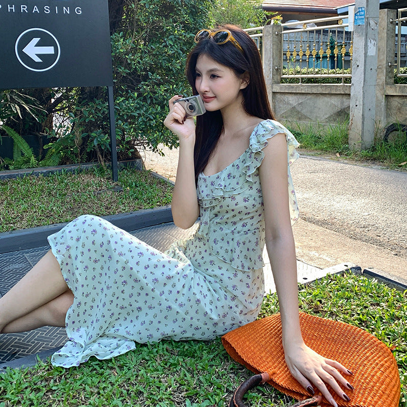 2025 Thirteen Lines Spring New Temperament Printing Pure Desire High Waist Suspender Dress Women 88225