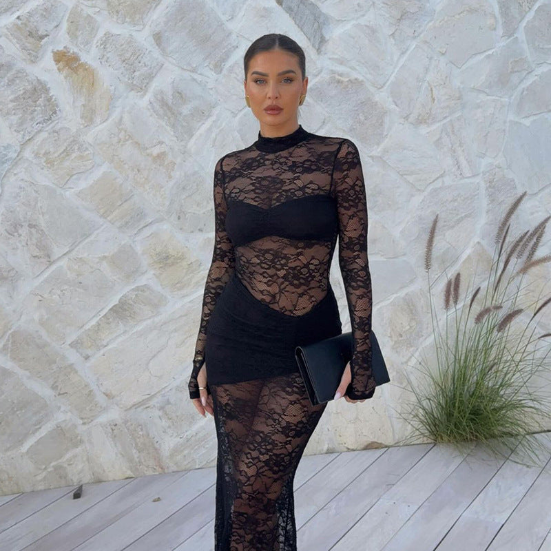 BENPAOLV 2025 popular Winter New Women's Clothing Sexy Spice Girls Semi-turtleneck Long Sleeve Jacquard Lace Perspective Dress