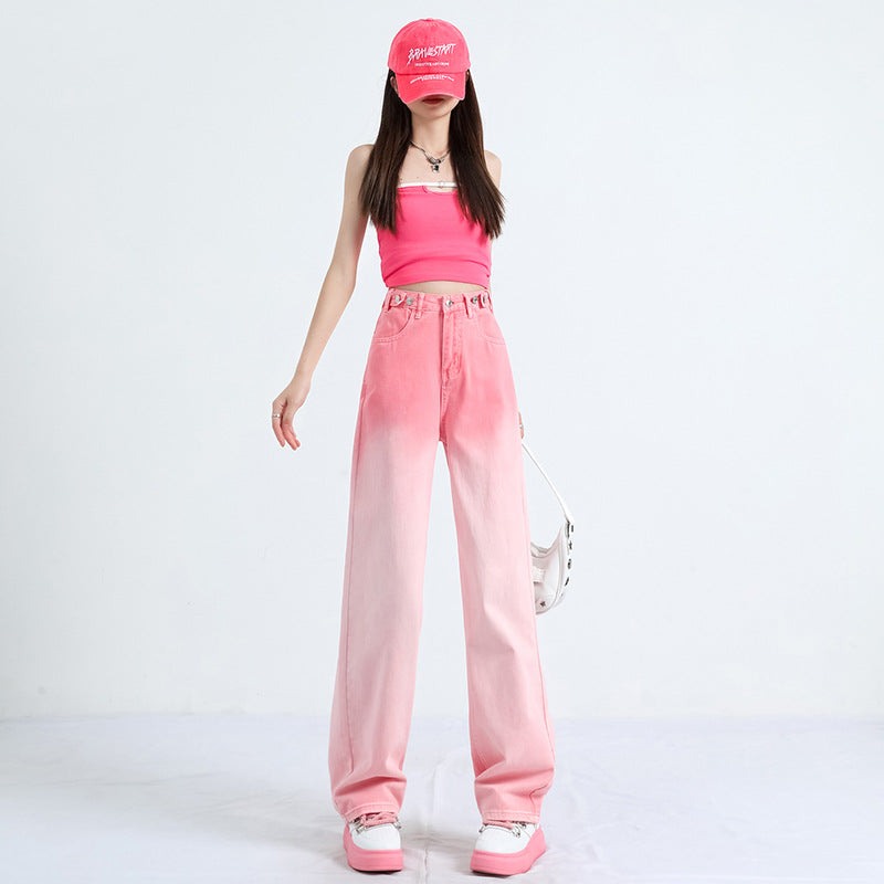 2025 Pink wide-leg jeans women's popular summer new high waist thin narrow version gradual change color straight mopping pants thin