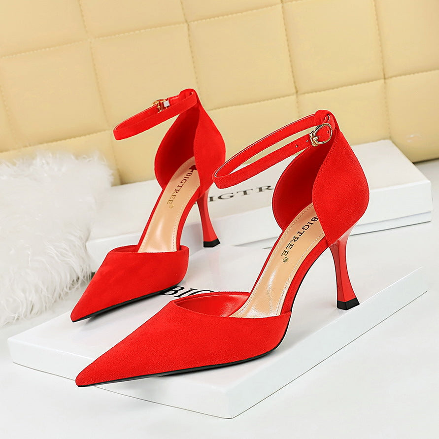 2025 8323-7 style fashionable simple pedicure thin suede shallow mouth pointed hollow word with high heels women's sandals