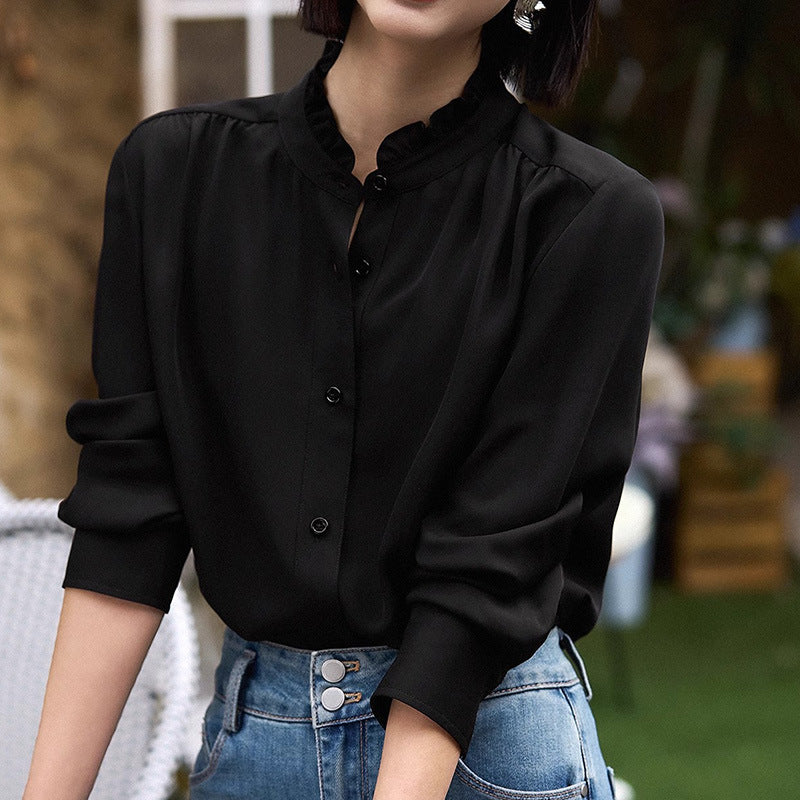 2025 Petal collar silk shirt, high-end mulberry silk spring Hangzhou women's clothing, women's shirt gray-black top