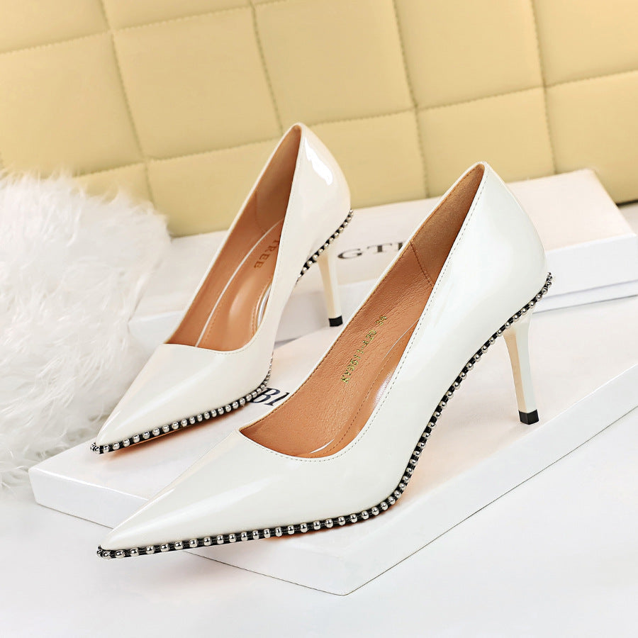 2025 9611-A2 fashion sexy women's shoes thin heel high heel patent leather light mouth pointed metal beads rivet single shoes
