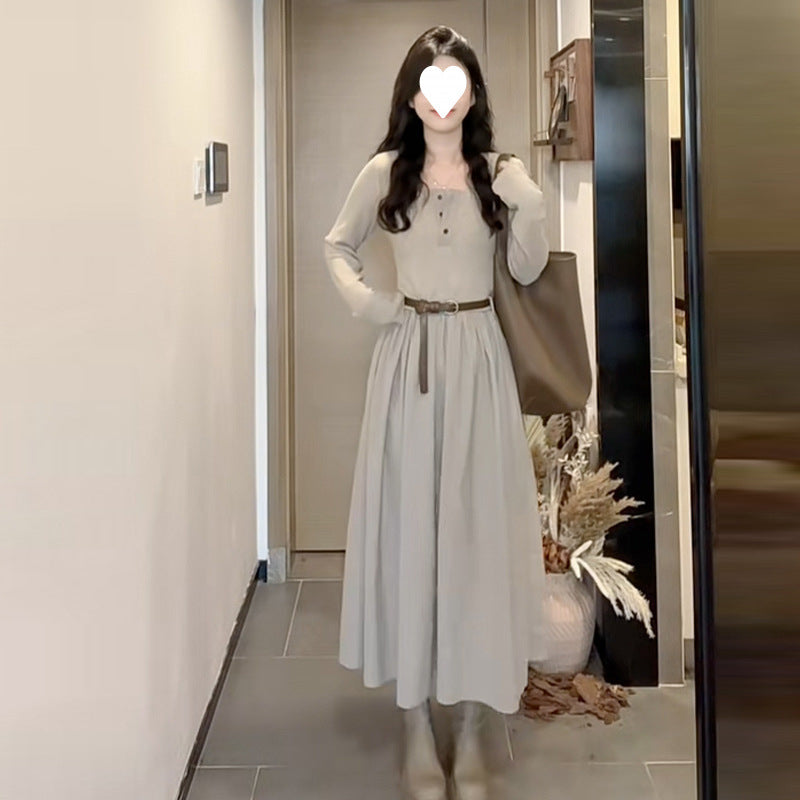 2025 High-end long-sleeved dress, early autumn women's models new temperament bottomed square neck long dress