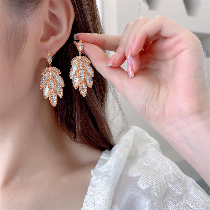 2025 Celebrity temperament light luxury super flash zircon inlaid earrings women's high sense multi-layer leaves exaggerated atmosphere heavy industry earrings