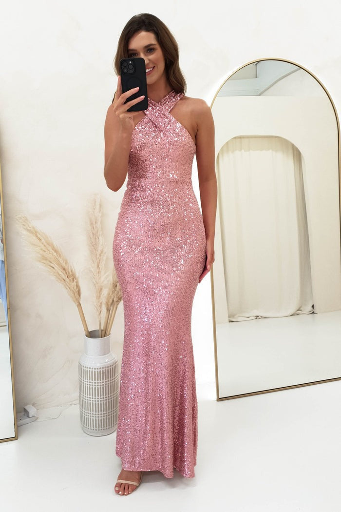 2025 New dress summer fashion sequins hanging neck sexy hip wrap elegant dress dress (5 colors)