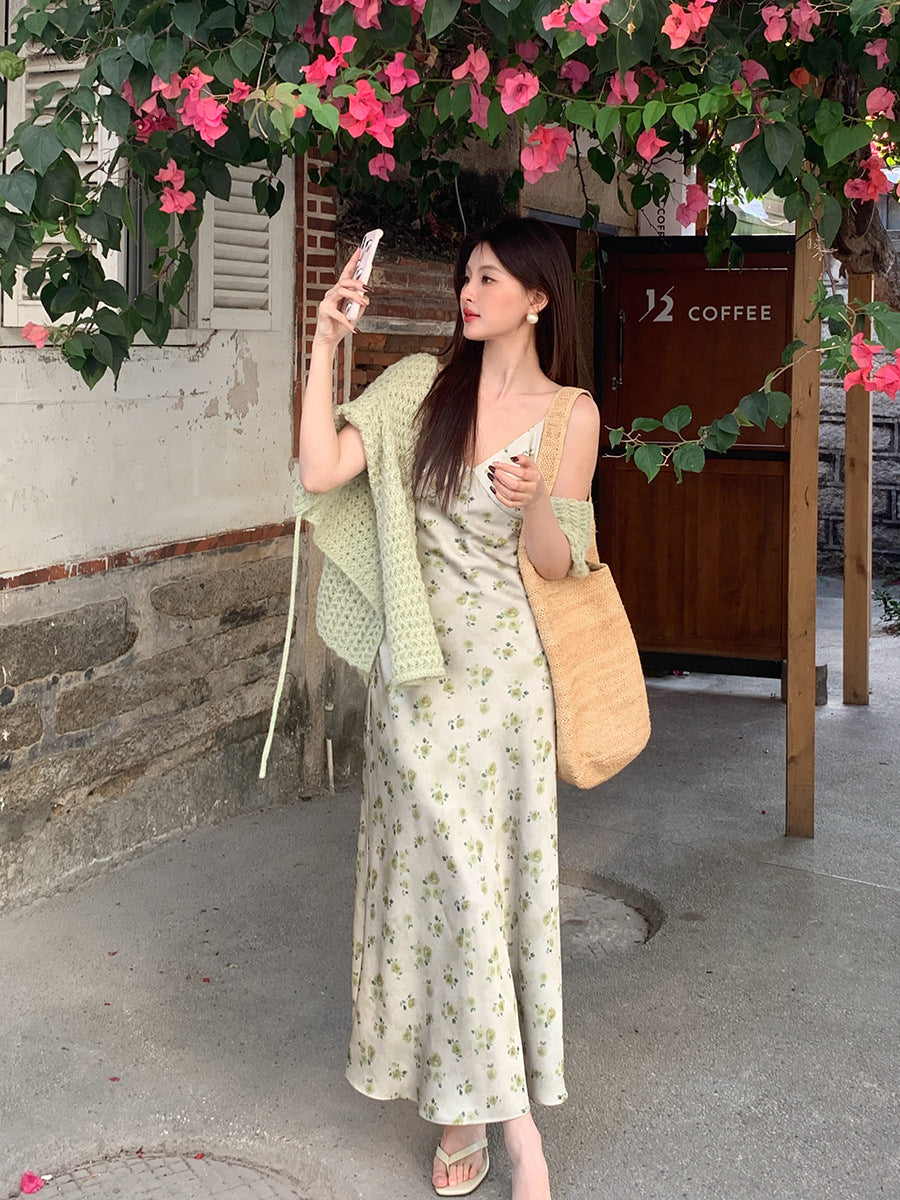 2025 Spring New Vintage High Waist Suspender Dress Sub-print Pure Desire Vacation Dress Women 88178