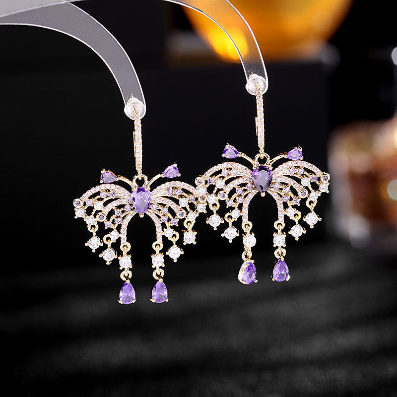2025 Temperament elegant s925 silver needle exaggerated atmosphere butterfly water drop fringed earrings female zircon inlaid light luxury ear jewelry