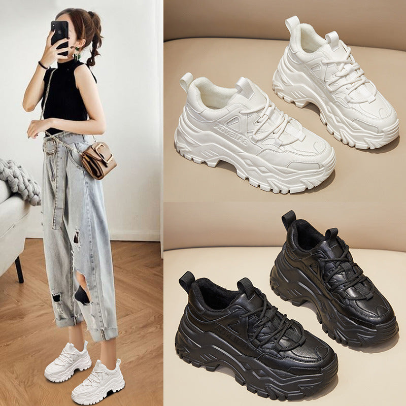 2025 Daddy shoes women's shoes ins tide 2021 popular autumn and winter new thick-soled leather velvet sports and leisure shoes women