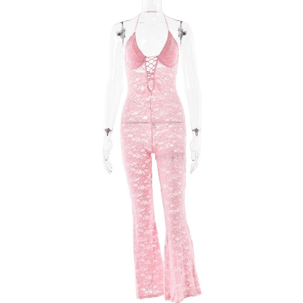 2025 New spring new sexy fashion hollow lace perspective backless neck slim jumpsuit women's summer