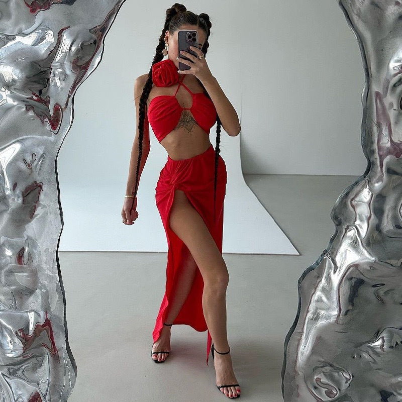 BENPAOLV 2025 Hot trade women's clothing popular spring new tether chest wrap solid color two-piece set sexy split skirt set women