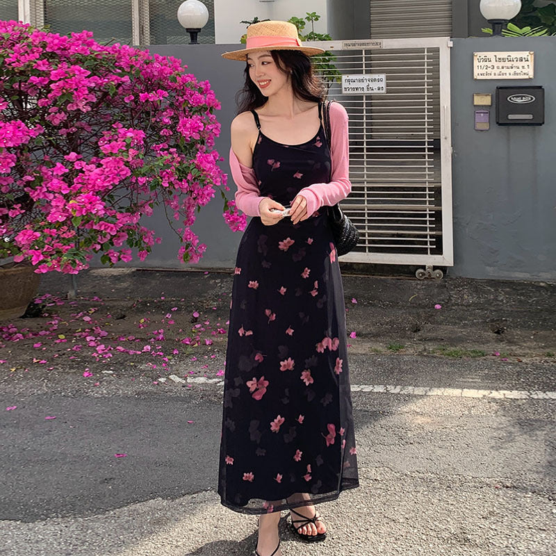 2025 spring and summer new pure desire mesh high waist suspender dress vacation printed dress children 88218