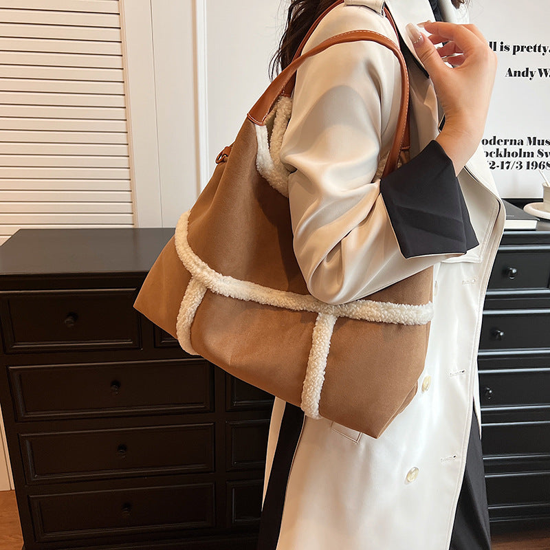 BENPAOLV 2025 Bag women's autumn and winter popular fashion splicing large-capacity tote bag texture casual shoulder messenger bag