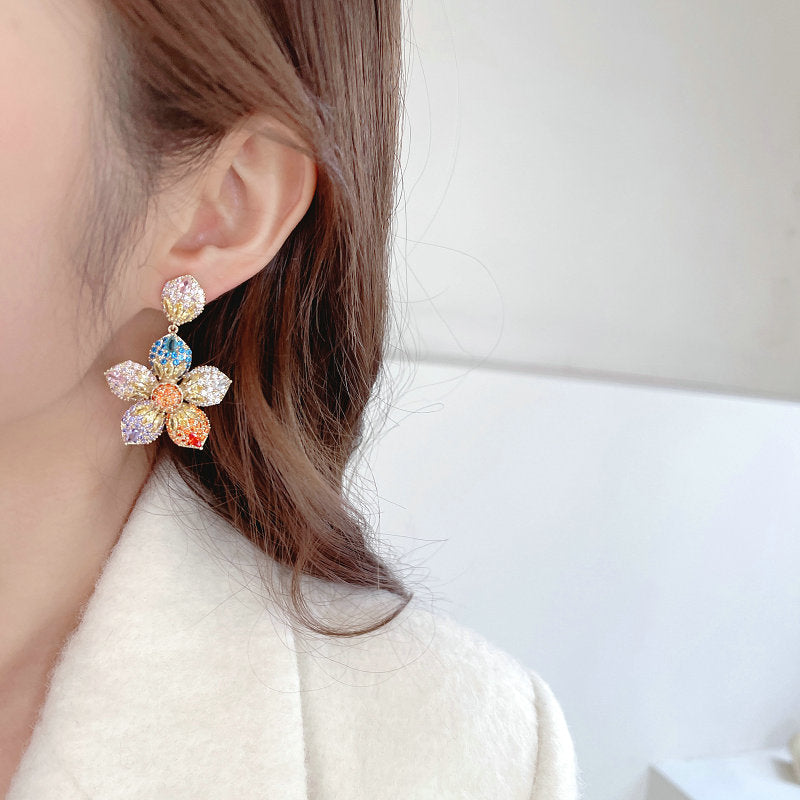 2025 S925 silver needle colored zircon heavy industry exaggerated earrings elegant temperament wedding banquet dress with flower earrings