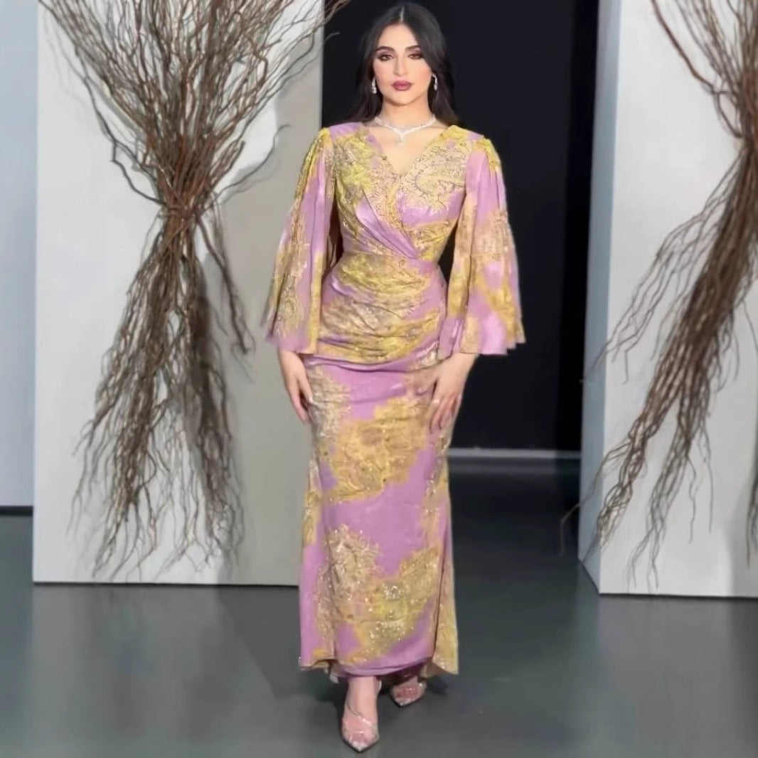 2025 popular spring and summer New women's clothing Popular trade independent station ebay sexy chiffon printing pendulum ball evening dress
