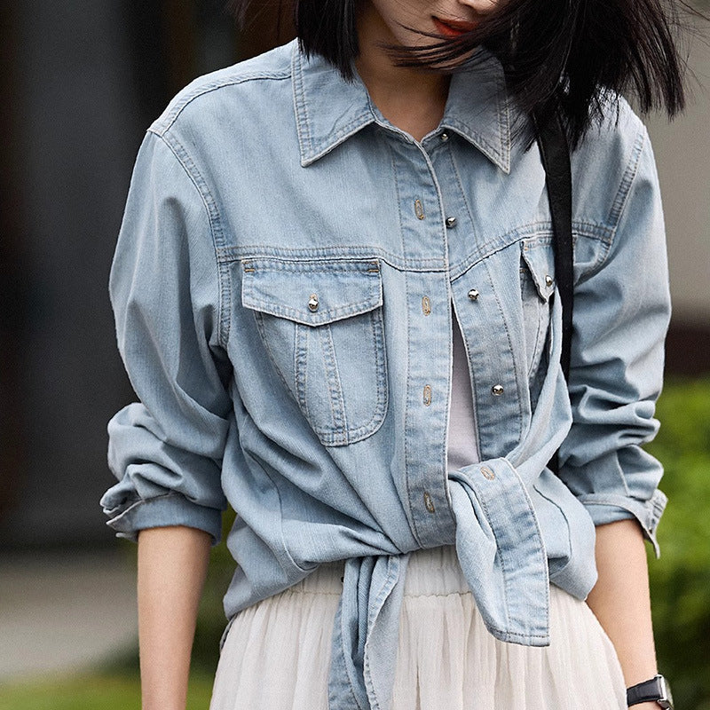 2025 Commuter stacking versatile, casual denim shirt women's spring new women's shirt blue long-sleeved top