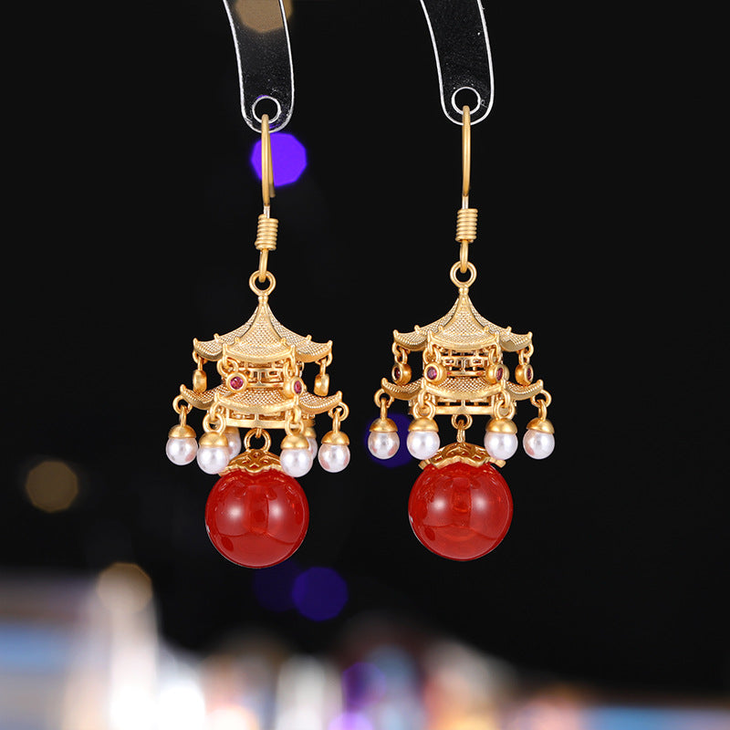 2025 New high-end agate pearl fringed antique earrings New Chinese high-end pavilion palace lamp court style earrings