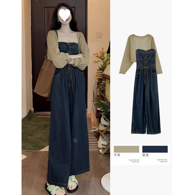 South Korea Dongdaemun anti-wrinkle Korean version of retro dark blue new tube top casual straight drawstring waist one-piece jeans