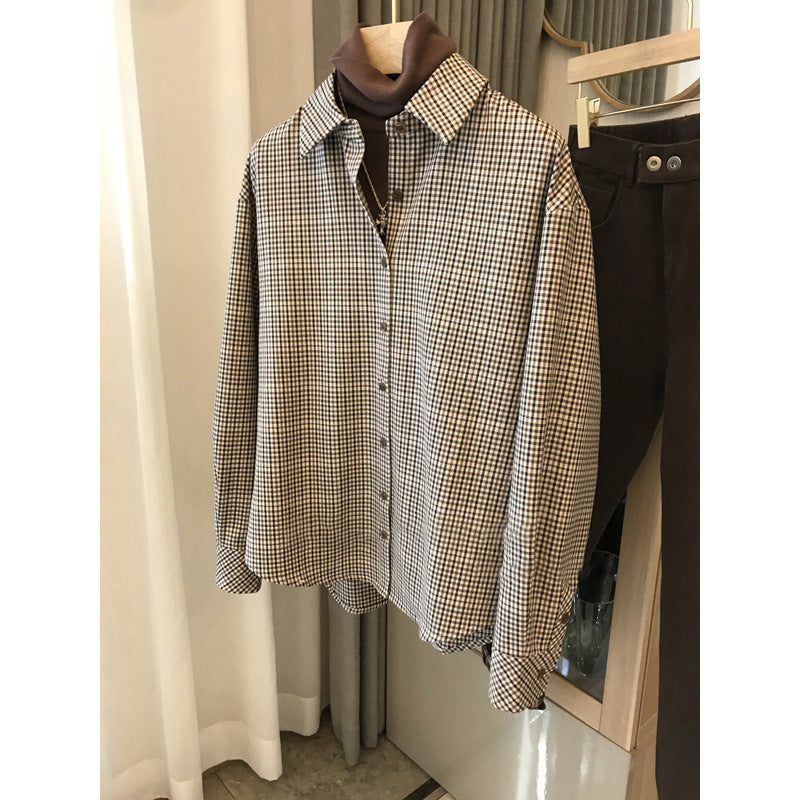 2025 Vintage plaid women's shirt summer new, casual inside with women's clothing, fleece thickened shirt