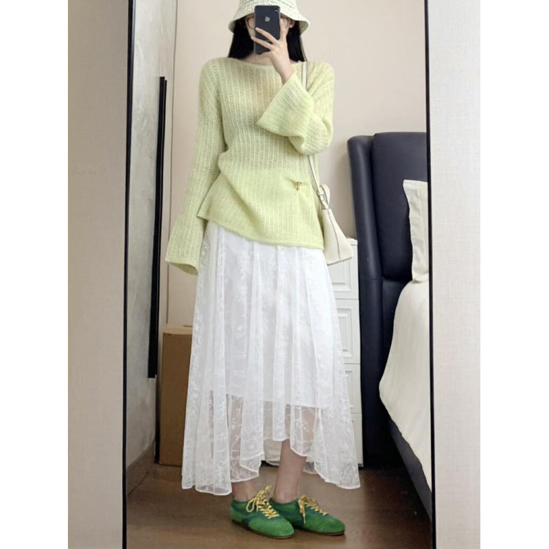 gentle wind hollow crochet knitted blouse women's 2025 spring heavy industry lace high waist skirt set