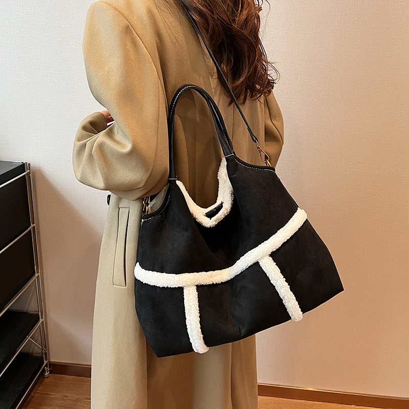 BENPAOLV 2025 Bag women's autumn and winter popular fashion splicing large-capacity tote bag texture casual shoulder messenger bag